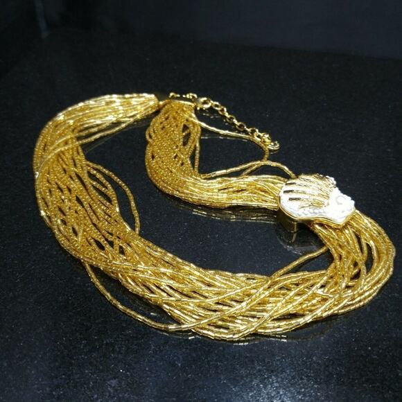 Vintage Talbots Gold Glass Bugle Beaded Necklace White Bead Shell Side Pendant - Picture 7 of 8